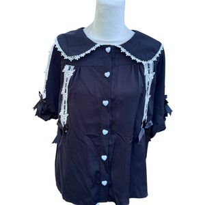 Taobao Jirai Kei Lolita Black White Lace Girly Kawaii Button Up Collar Blouse L